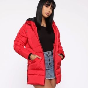 LONG RED FASHION NOVA PUFFER COAT WITH FUR HOOD